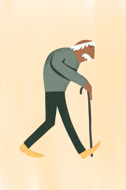 Cartoon image of man walking with a cane