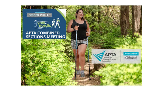 Woman with walking poles and logos