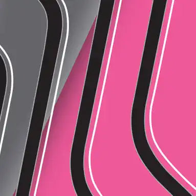 Abstract geometric pattern with curved black lines on pink and gray backgrounds.