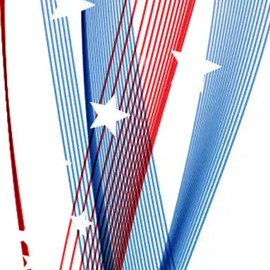 Abstract patriotic design featuring red and blue stripes with white stars.