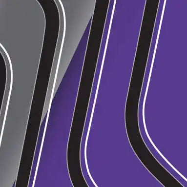 Abstract pattern of curved black, gray, and purple stripes.