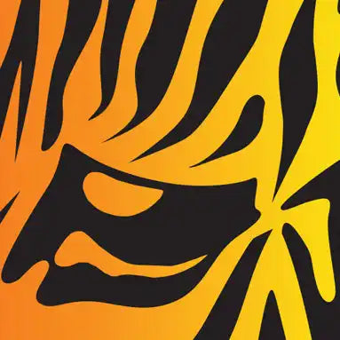 Abstract tiger-like pattern with orange, yellow, and black stripes.