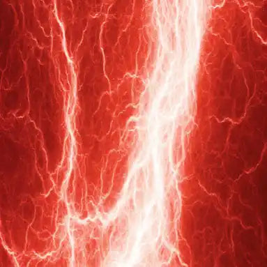 Lightning bolt with branching tendrils against a red background.