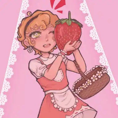 Cartoon character holding a giant strawberry and a basket.