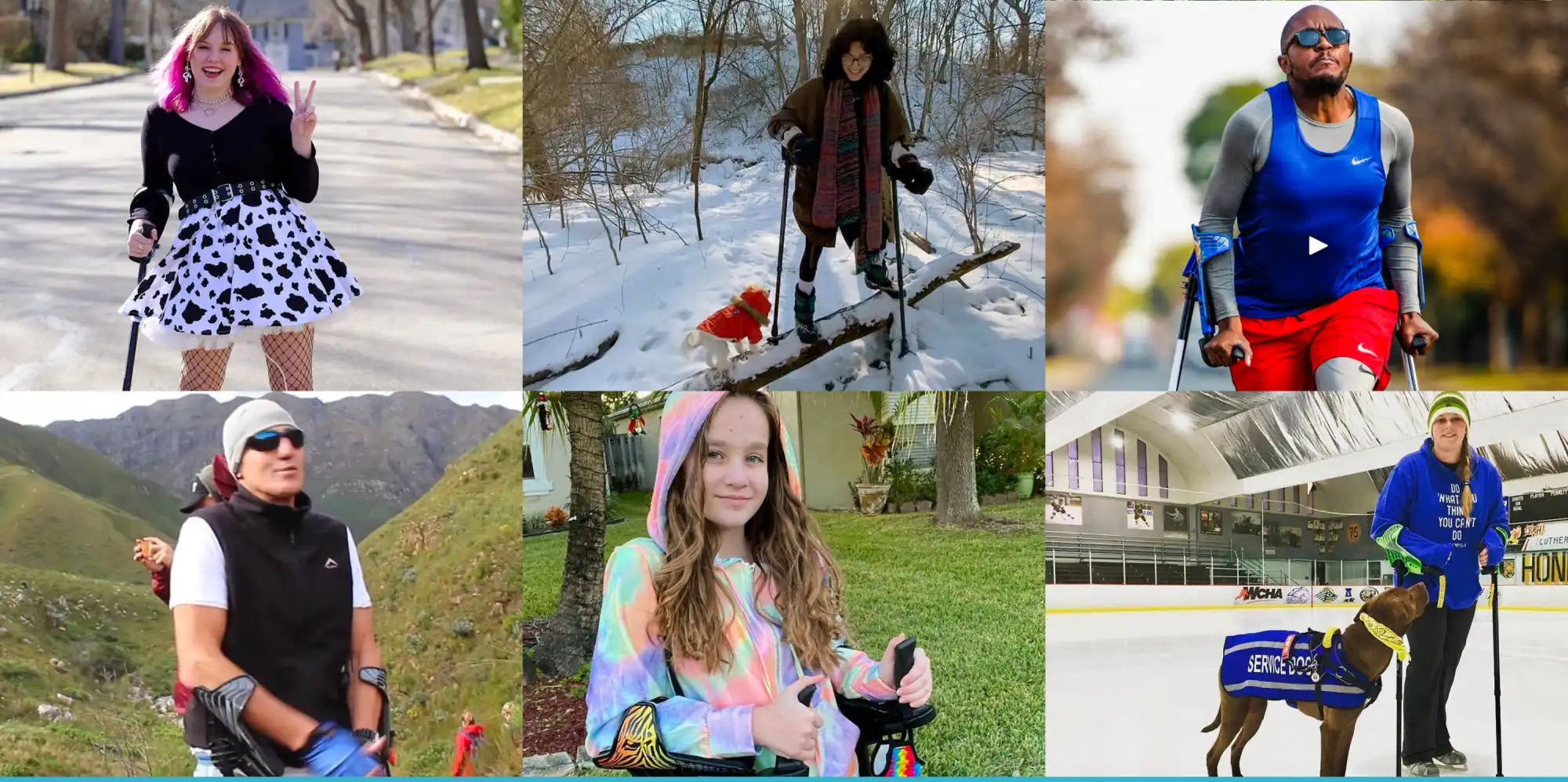 Collage of people using wheelchairs or mobility aids in various outdoor settings.