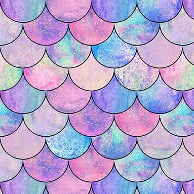 Colorful mermaid-scale pattern with pastel watercolor textures.