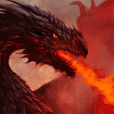 Fierce black dragon breathing intense orange flames.