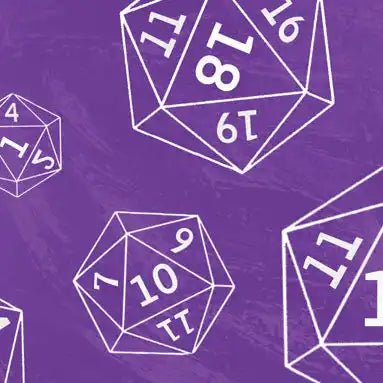 Geometric dice with multiple sides showing various numbers on a purple background.