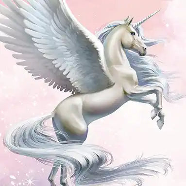 Majestic winged unicorn with a flowing mane and tail rearing up against a pink backdrop.