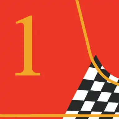 Number 1 in yellow on a red background with a partial checkered flag visible.