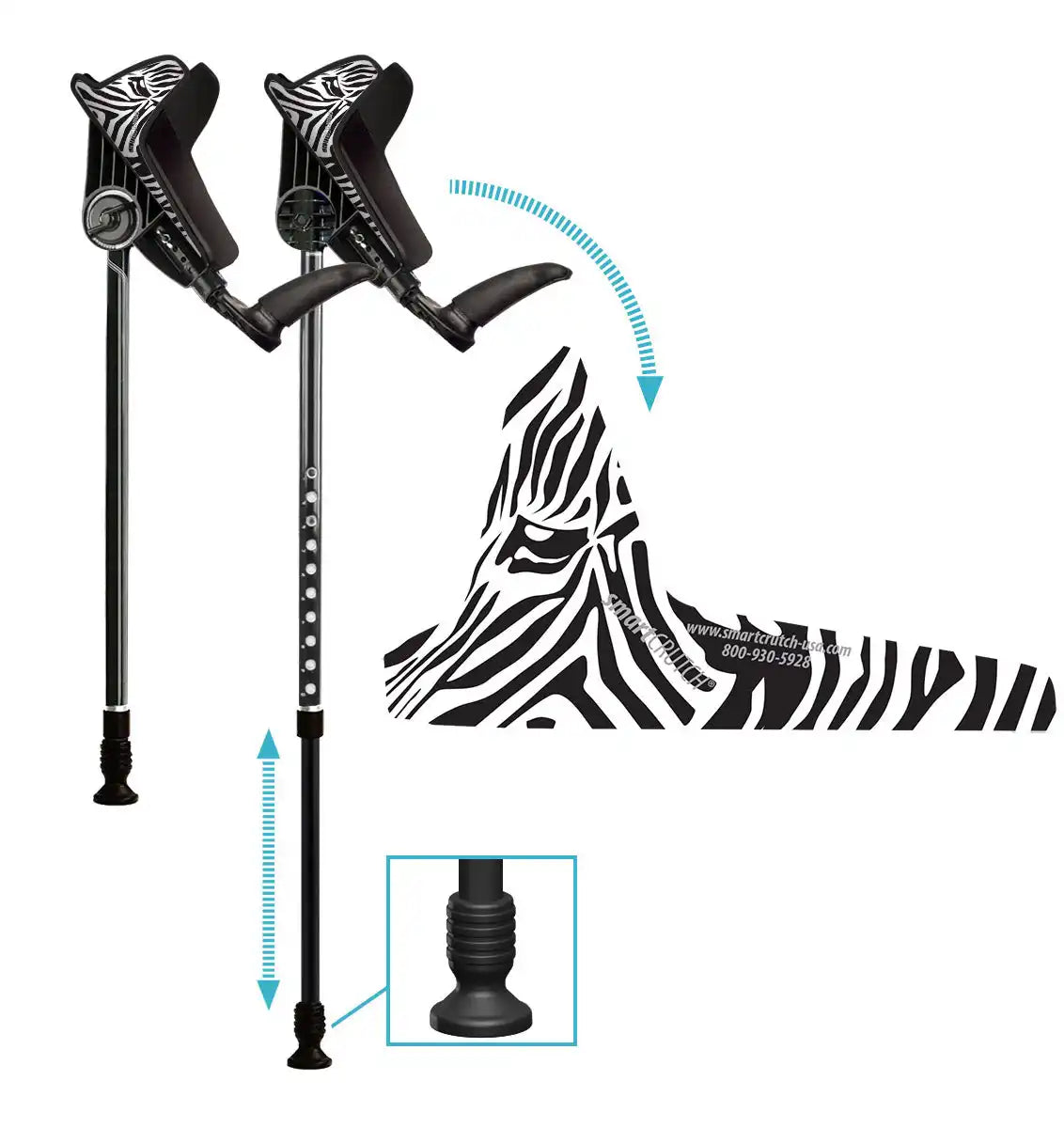 Pair of zebra-patterned forearm crutches with adjustable height and ergonomic handles.