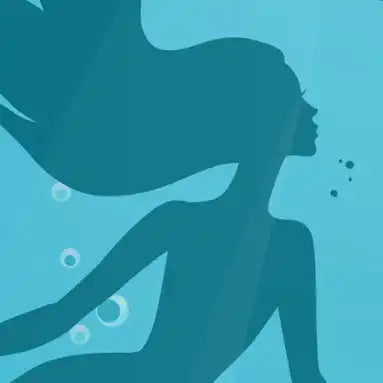 Silhouette of a woman with flowing hair underwater, surrounded by bubbles.