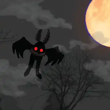 Winged creature with glowing red eyes hovering in a dark sky.